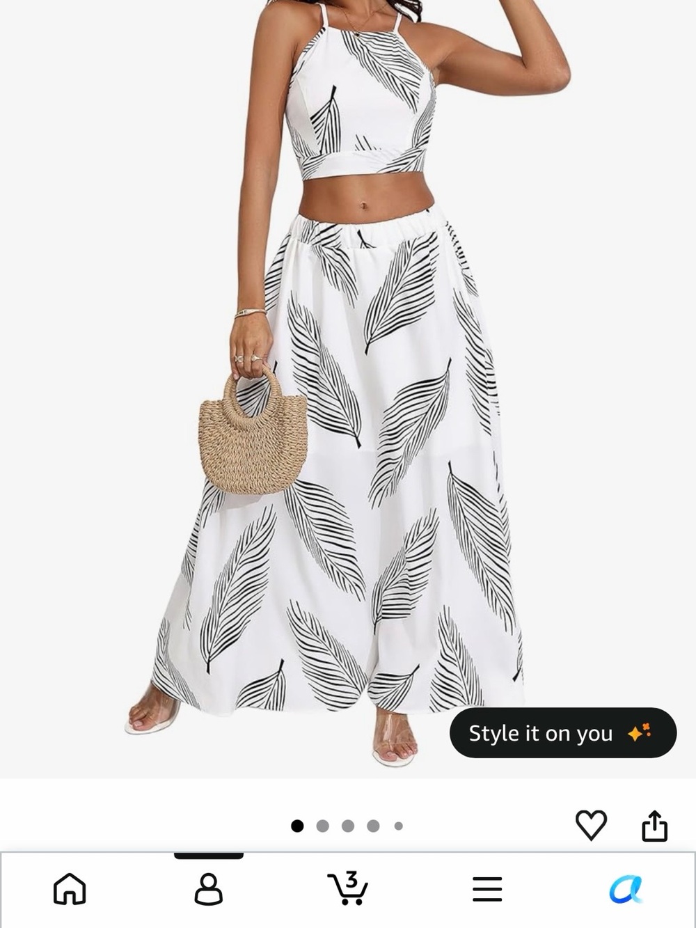 Women’s White Halter Maxi Dress with Black Leaf Print two piece set